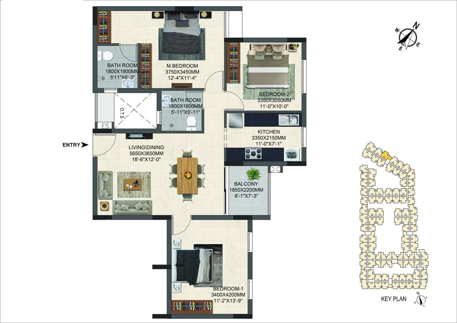 Floor plan of 3 BHK 1335 Sq. Ft. Apartment in Casagrand Miro, Chennai