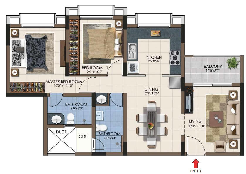 Floor plan of 2 BHK 726 Sq. Ft. Apartment in Casagrand Northern Star, Chennai