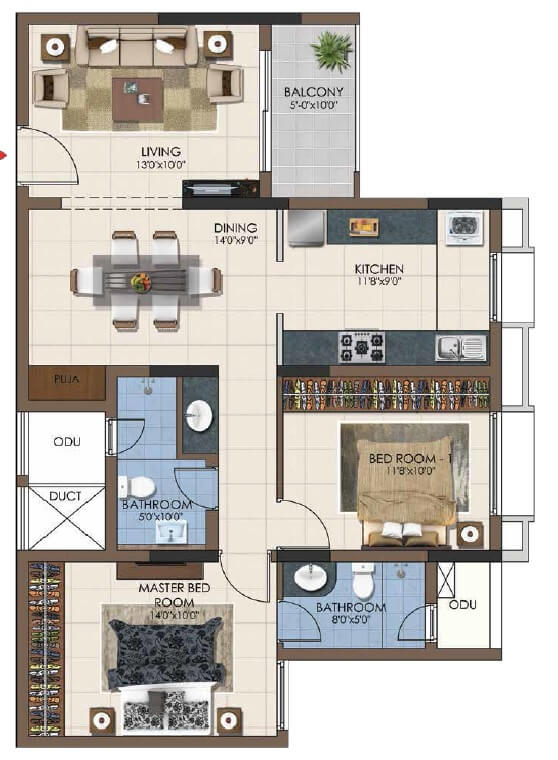 Floor plan of 2 BHK 807 Sq. Ft. Apartment in Casagrand Northern Star, Chennai