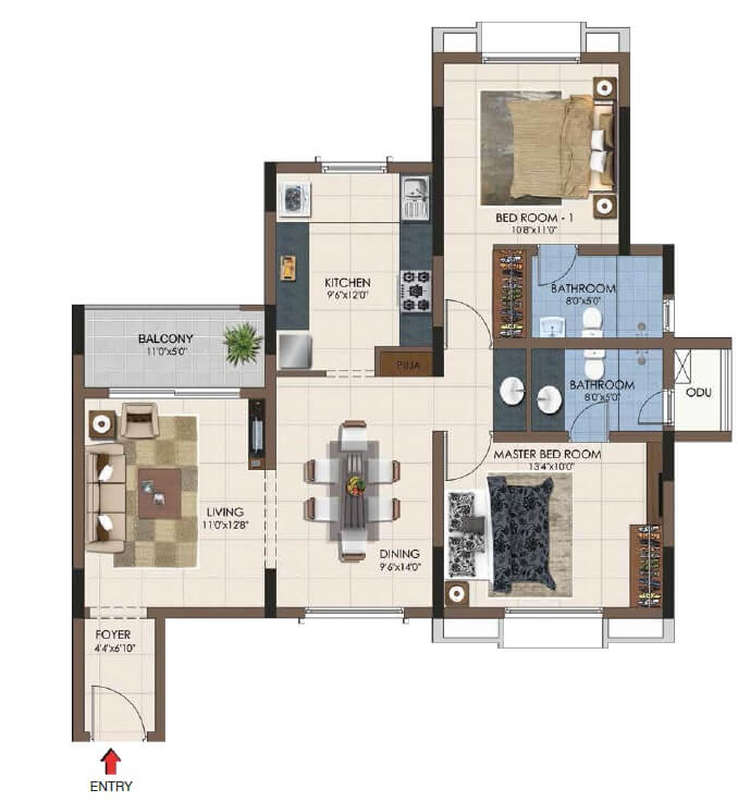 Floor plan of 2 BHK 865 Sq. Ft. Apartment in Casagrand Northern Star, Chennai