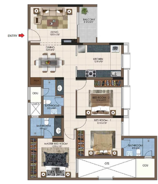 Floor plan of 3 BHK 1019 Sq. Ft. Apartment in Casagrand Northern Star, Chennai