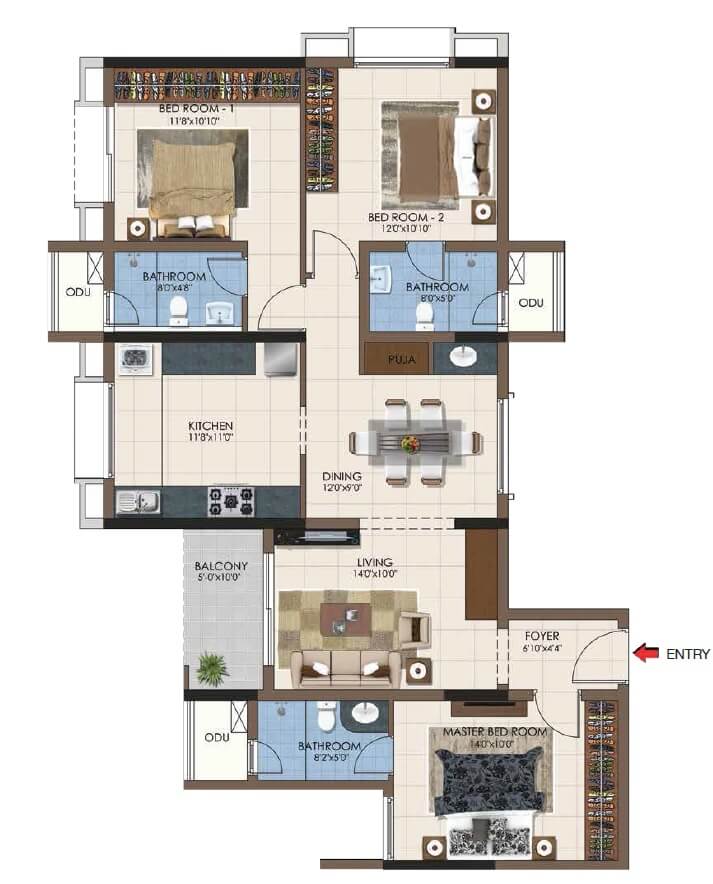 Floor plan of 3 BHK 1062 Sq. Ft. Apartment in Casagrand Northern Star, Chennai
