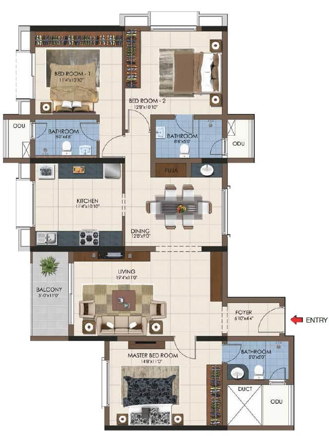 Floor plan of 3 BHK 1166 Sq. Ft. Apartment in Casagrand Northern Star, Chennai