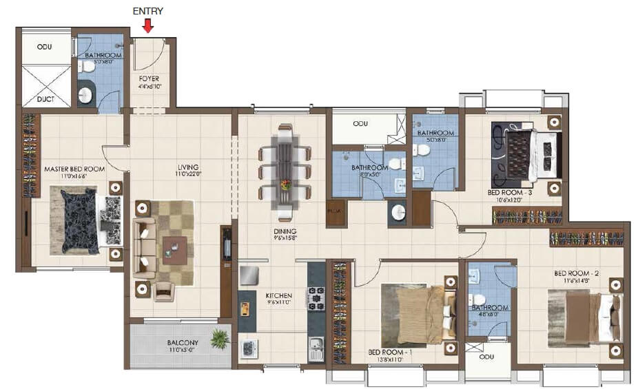 Floor plan of 4 BHK 1529 Sq. Ft. Apartment in Casagrand Northern Star, Chennai