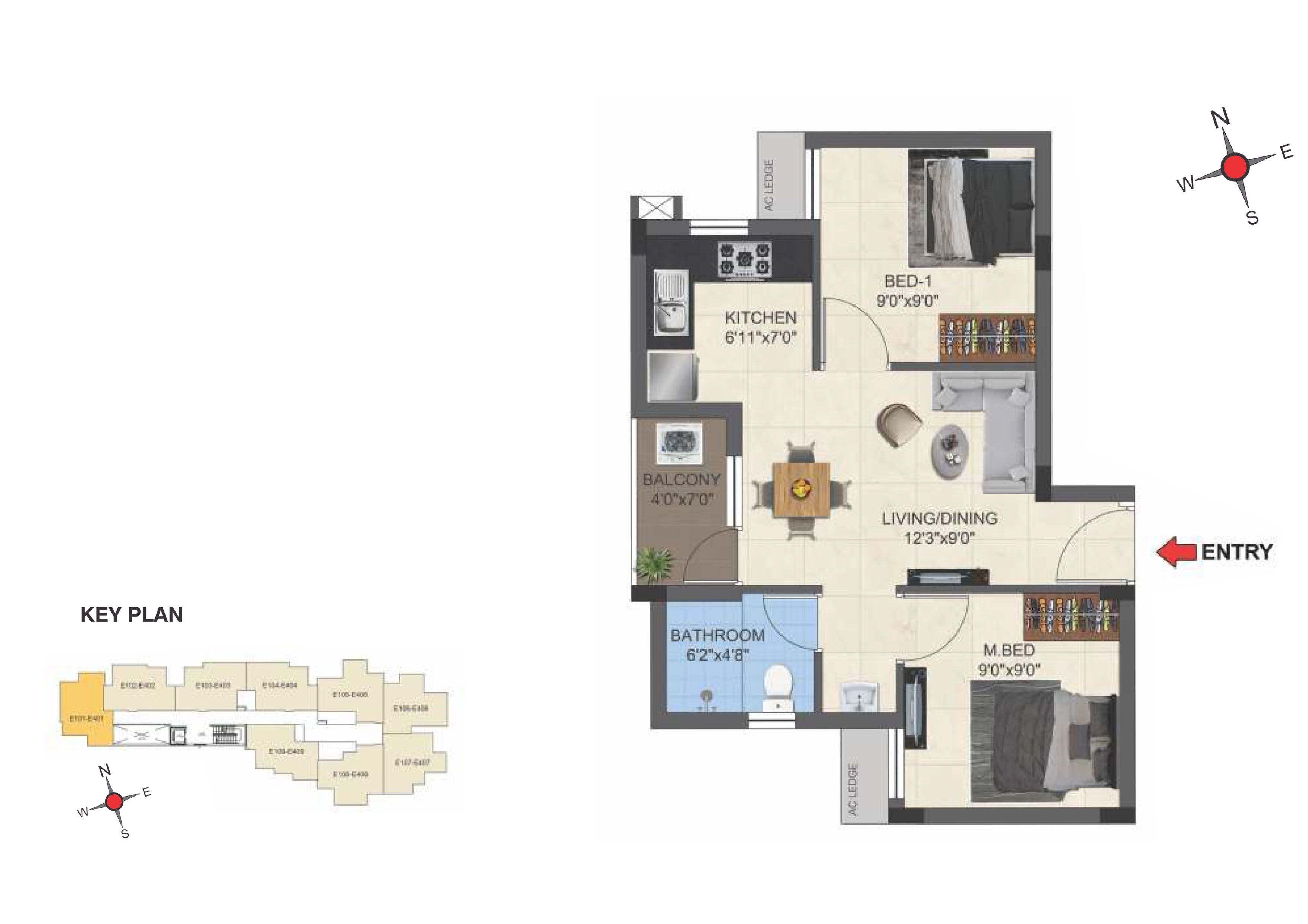 Floor plan of 2 BHK 1010 Sq. Ft. Apartment in Casagrand Primera, Chennai