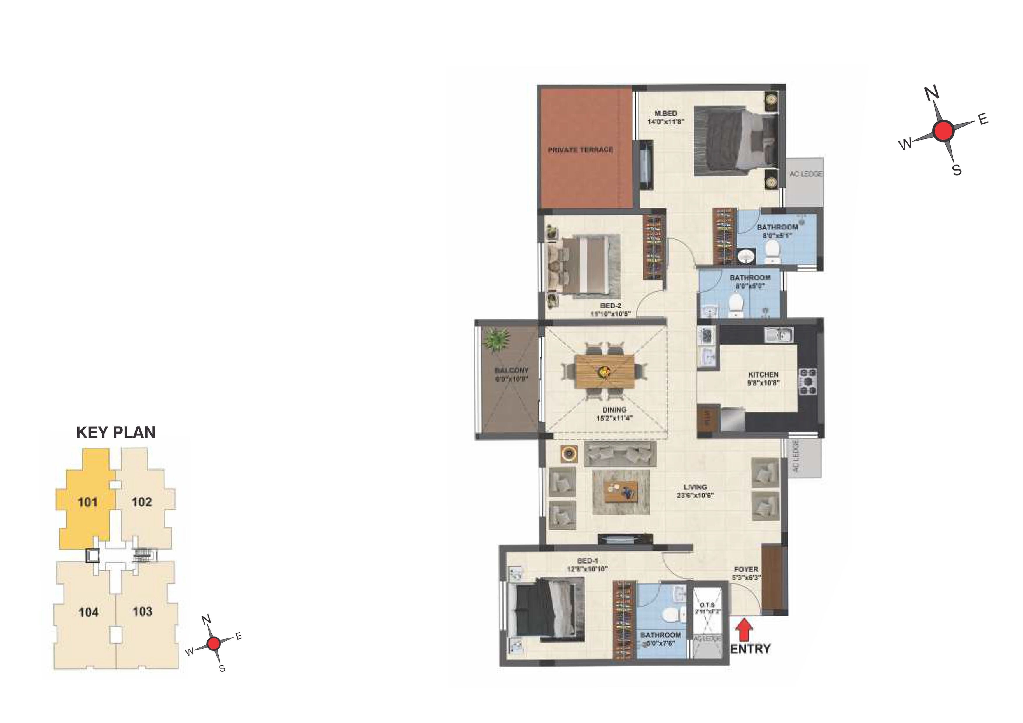 Floor plan of 3 BHK 1633 Sq. Ft. Apartment in Casagrand Primera, Chennai