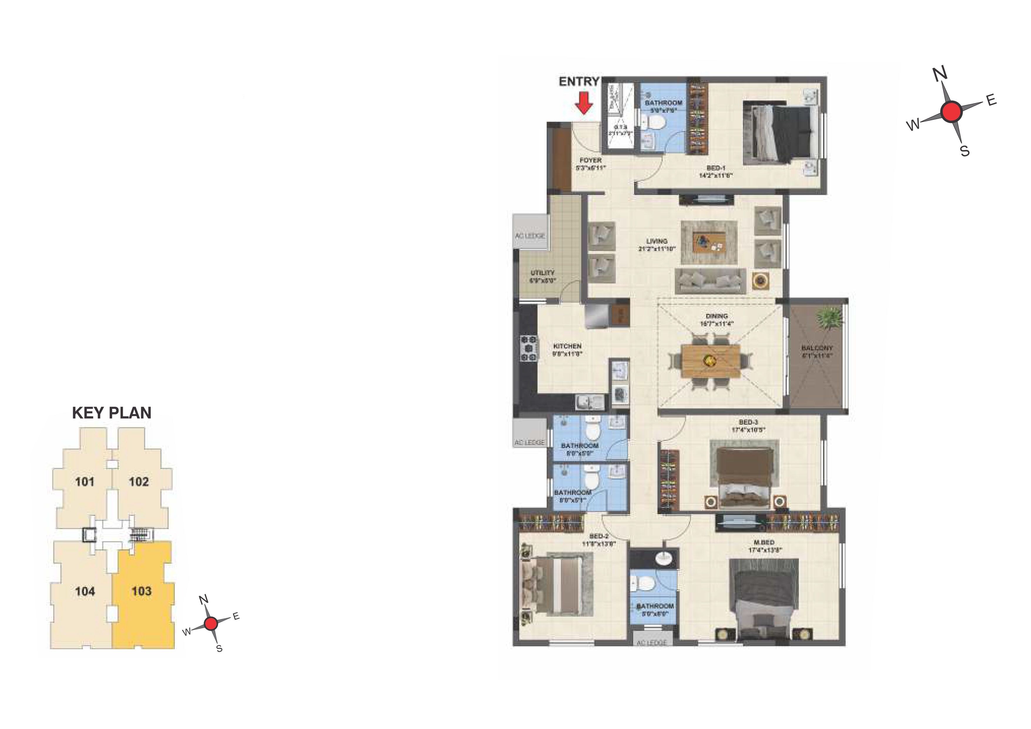 Floor plan of 4 BHK 2096 Sq. Ft. Apartment in Casagrand Primera, Chennai