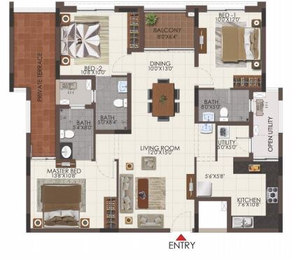 Floor plan of 2 BHK 1245 Sq. Ft. Apartment in Casagrand Royale, Chennai