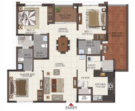 Floor plan of 3 BHK 1478 Sq. Ft. Apartment in Casagrand Royale, Chennai