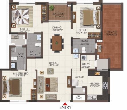 Floor plan of 3 BHK 1548 Sq. Ft. Apartment in Casagrand Royale, Chennai
