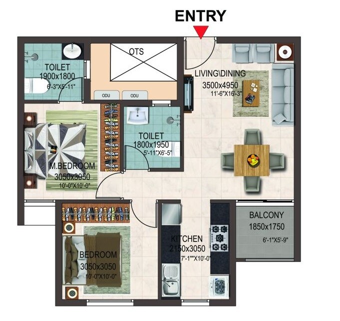 Floor plan of 2 BHK 892 Sq. Ft. Apartment in Casagrand Savoye, Chennai
