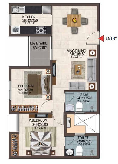 Floor plan of 2 BHK 1024 Sq. Ft. Apartment in Casagrand Savoye, Chennai