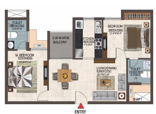Floor plan of 2 BHK 1040 Sq. Ft. Apartment in Casagrand Savoye, Chennai