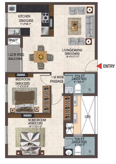 Floor plan of 2 BHK 1218 Sq. Ft. Apartment in Casagrand Savoye, Chennai
