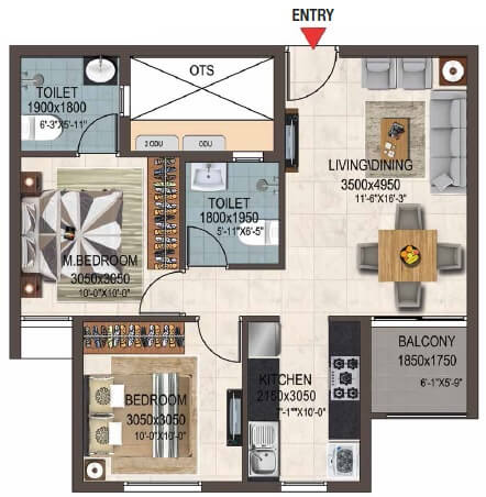 Floor plan of 2 BHK 883 Sq. Ft. Apartment in Casagrand Savoye, Chennai