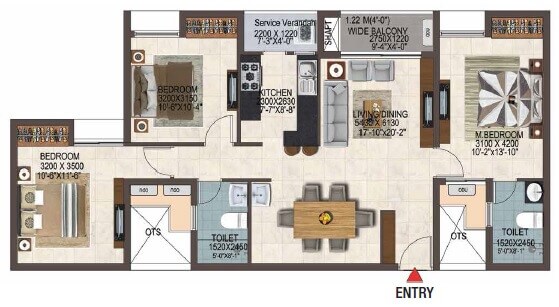 Floor plan of 3 BHK 1428 Sq. Ft. Apartment in Casagrand Savoye, Chennai