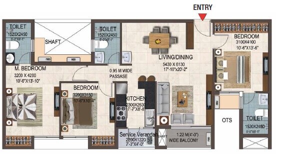 Floor plan of 3 BHK 1488 Sq. Ft. Apartment in Casagrand Savoye, Chennai