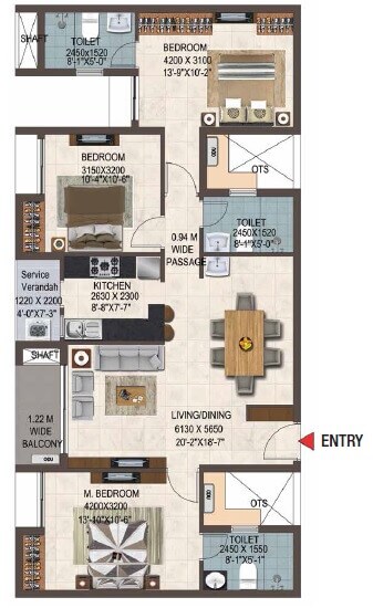 Floor plan of 3 BHK 1517 Sq. Ft. Apartment in Casagrand Savoye, Chennai