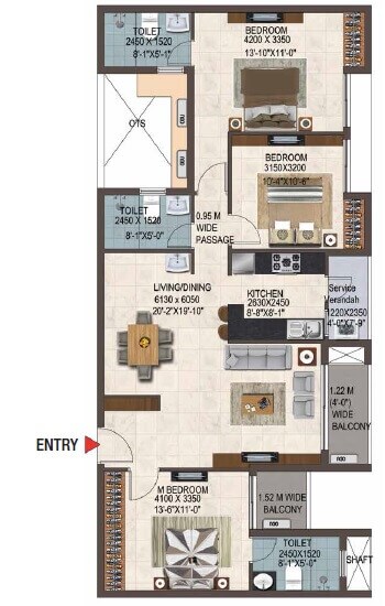 Floor plan of 3 BHK 1592 Sq. Ft. Apartment in Casagrand Savoye, Chennai