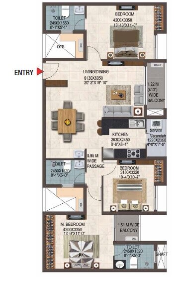 Floor plan of 3 BHK 1626 Sq. Ft. Apartment in Casagrand Savoye, Chennai