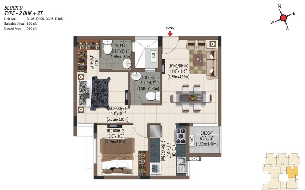 Floor plan of 2 BHK 890 Sq. Ft. Apartment in Casagrand Sereno, Chennai