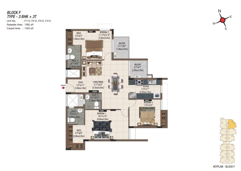 Floor plan of 3 BHK 1033 Sq. Ft. Apartment in Casagrand Sereno, Chennai