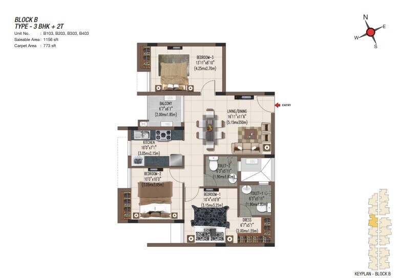Floor plan of 3 BHK 1146 Sq. Ft. Apartment in Casagrand Sereno, Chennai