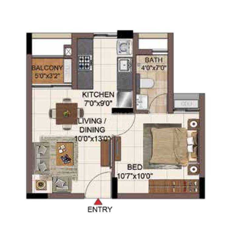 1 BHK 513 Sq. Ft. Apartment