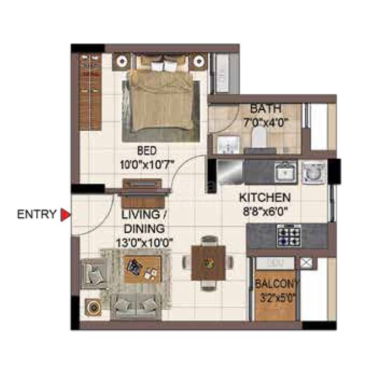 1 BHK 515 Sq. Ft. Apartment