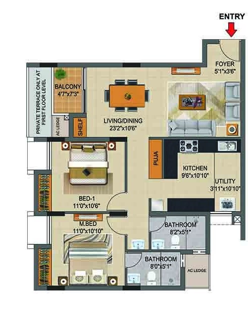 Floor plan of 2 BHK 1177 Sq. Ft. Apartment in Casagrand Supremus, Chennai