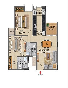 Floor plan of 2 BHK 934 Sq. Ft. Apartment in Casagrand Supremus, Chennai