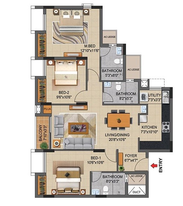 Floor plan of 3 BHK 1277 Sq. Ft. Apartment in Casagrand Supremus, Chennai