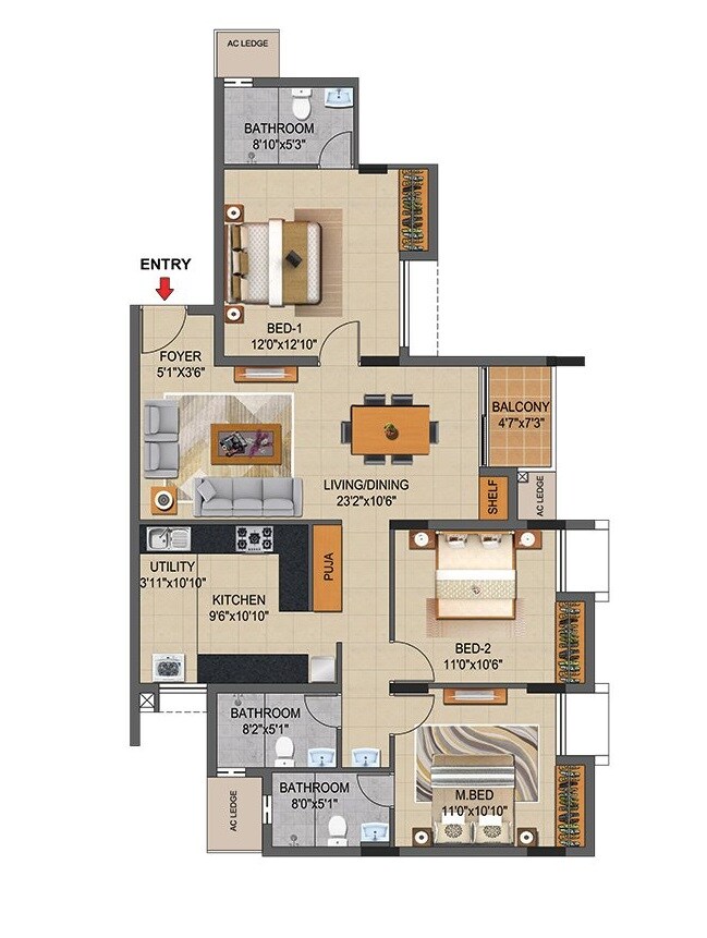 Floor plan of 3 BHK 1469 Sq. Ft. Apartment in Casagrand Supremus, Chennai