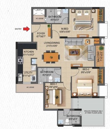 Floor plan of 3 BHK 1626 Sq. Ft. Apartment in Casagrand Supremus, Chennai