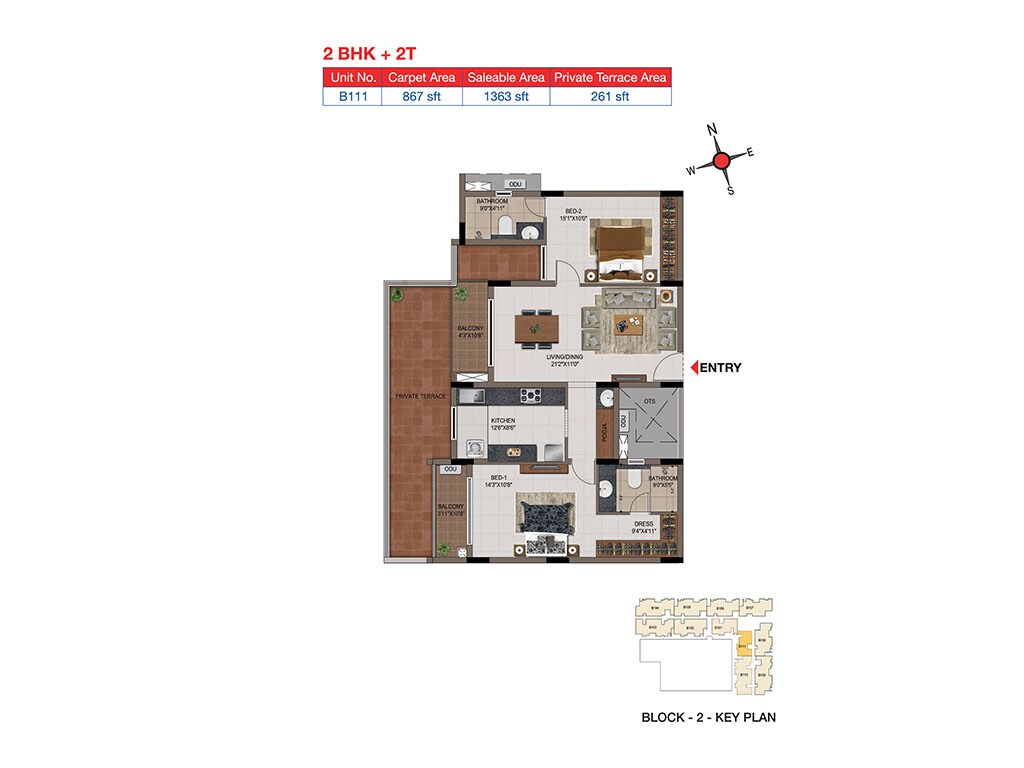 Floor plan of 2 BHK 1363 Sq. Ft. Apartment in Casagrand Tudor, Chennai