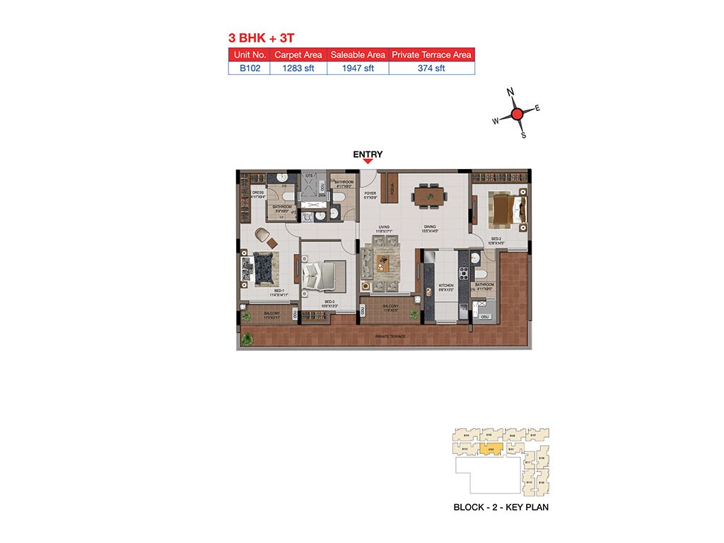 Floor plan of 3 BHK 1947 Sq. Ft. Apartment in Casagrand Tudor, Chennai