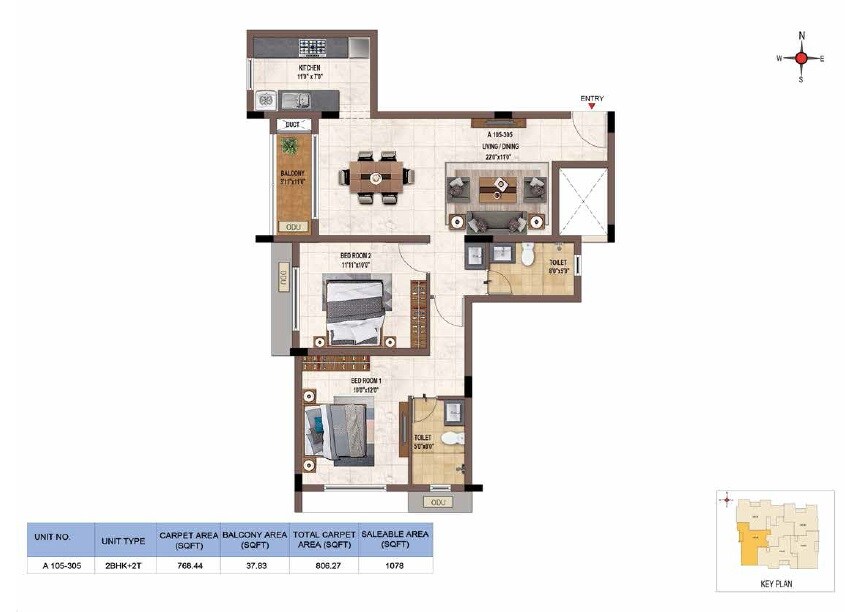 Floor plan of 2 BHK 1078 Sq. Ft. Apartment in Casagrand Upstay Parsley, Chennai