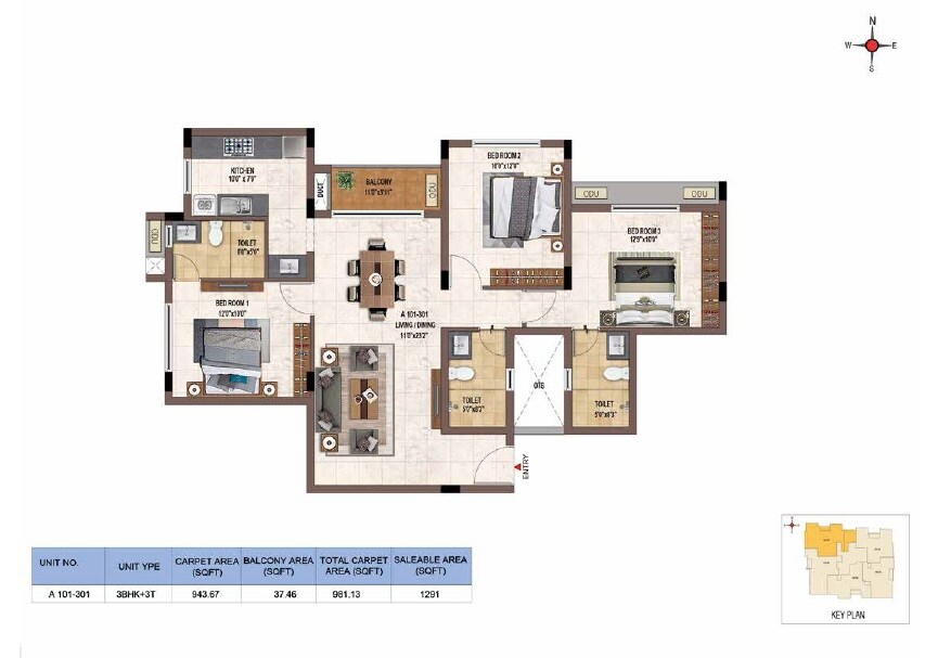 Floor plan of 3 BHK 1291 Sq. Ft. Apartment in Casagrand Upstay Parsley, Chennai