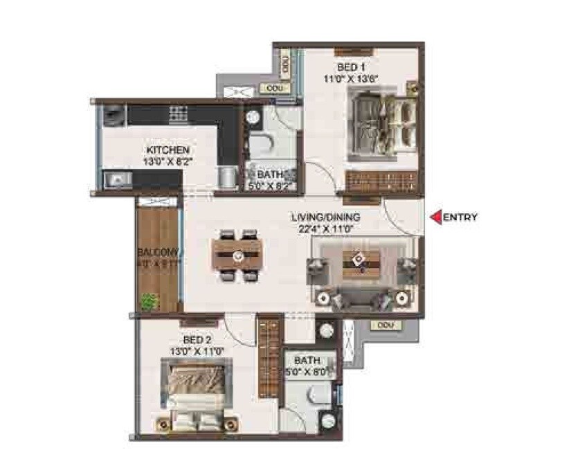 Floor plan of 2 BHK 1131 Sq. Ft. Apartment in Casagrand Ventra, Chennai