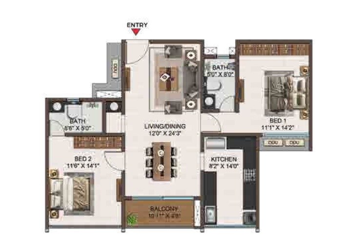 Floor plan of 2 BHK 1290 Sq. Ft. Apartment in Casagrand Ventra, Chennai