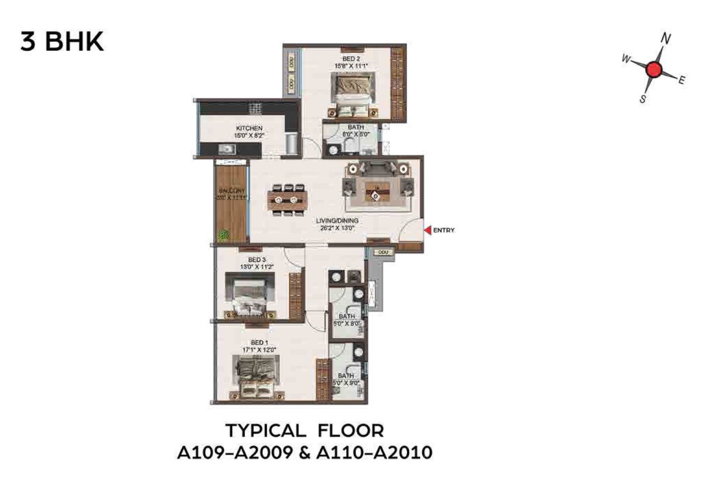 Floor plan of 3 BHK 1799 Sq. Ft. Apartment in Casagrand Ventra, Chennai