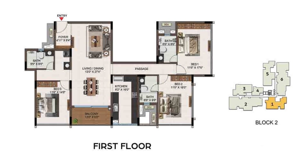 Floor plan of 3 BHK 2103 Sq. Ft. Apartment in Casagrand Ventra, Chennai