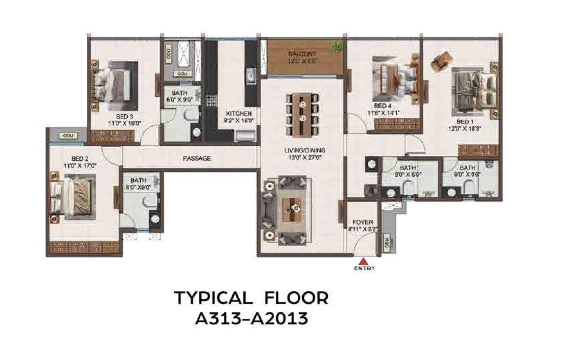 Floor plan of 4 BHK 2462 Sq. Ft. Apartment in Casagrand Ventra, Chennai