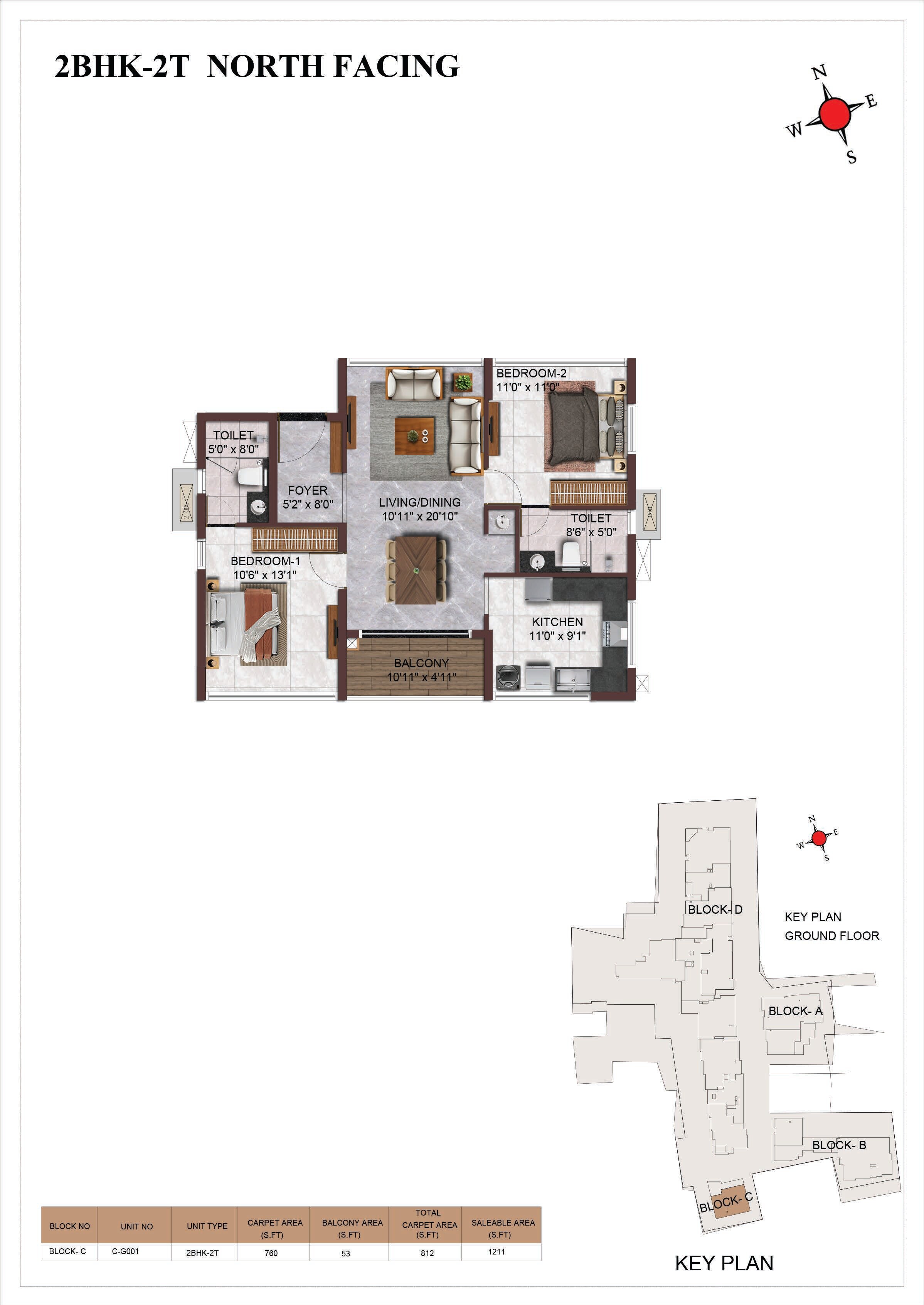 Floor plan of 2 BHK 1211 Sq. Ft. Apartment in Casagrand Vienna, Chennai