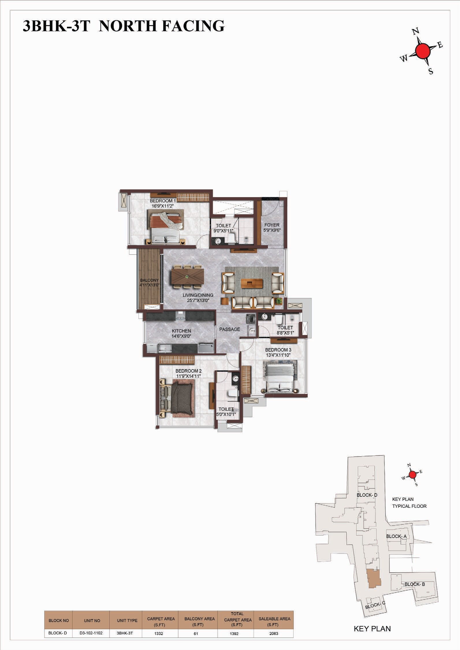 Floor plan of 3 BHK 2063 Sq. Ft. Apartment in Casagrand Vienna, Chennai
