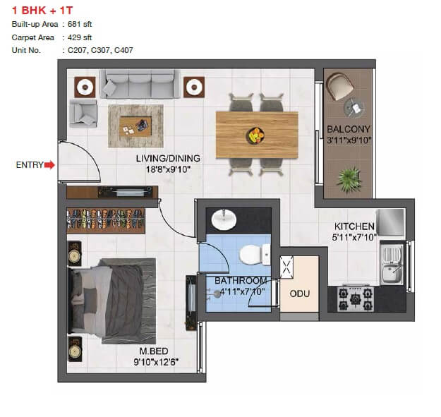 1 BHK 681 Sq. Ft. Apartment