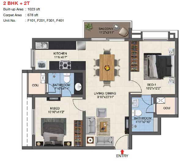 Floor plan of 2 BHK Apartment - 678 sq. ft. in Casagrand Woodside, Chennai