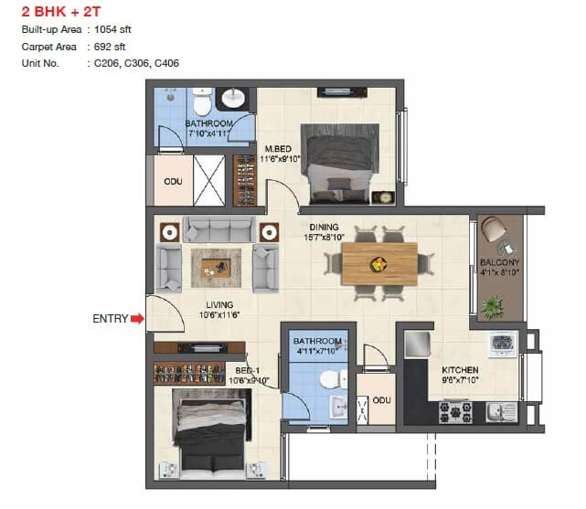 Floor plan of 2 BHK Apartment - 692 sq. ft. in Casagrand Woodside, Chennai