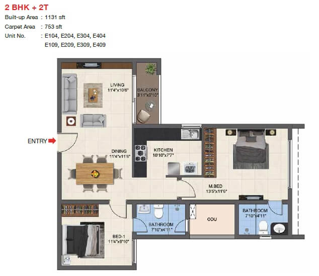 Floor plan of 2 BHK Apartment - 753 sq. ft. in Casagrand Woodside, Chennai