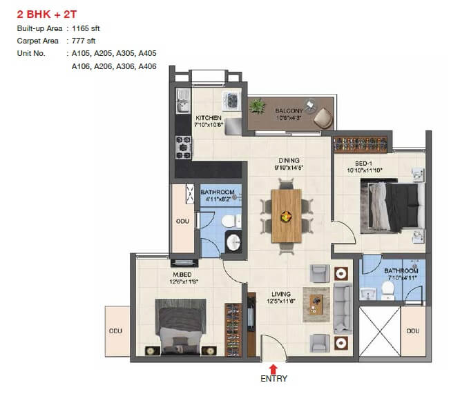 Floor plan of 2 BHK Apartment - 777 sq. ft. in Casagrand Woodside, Chennai